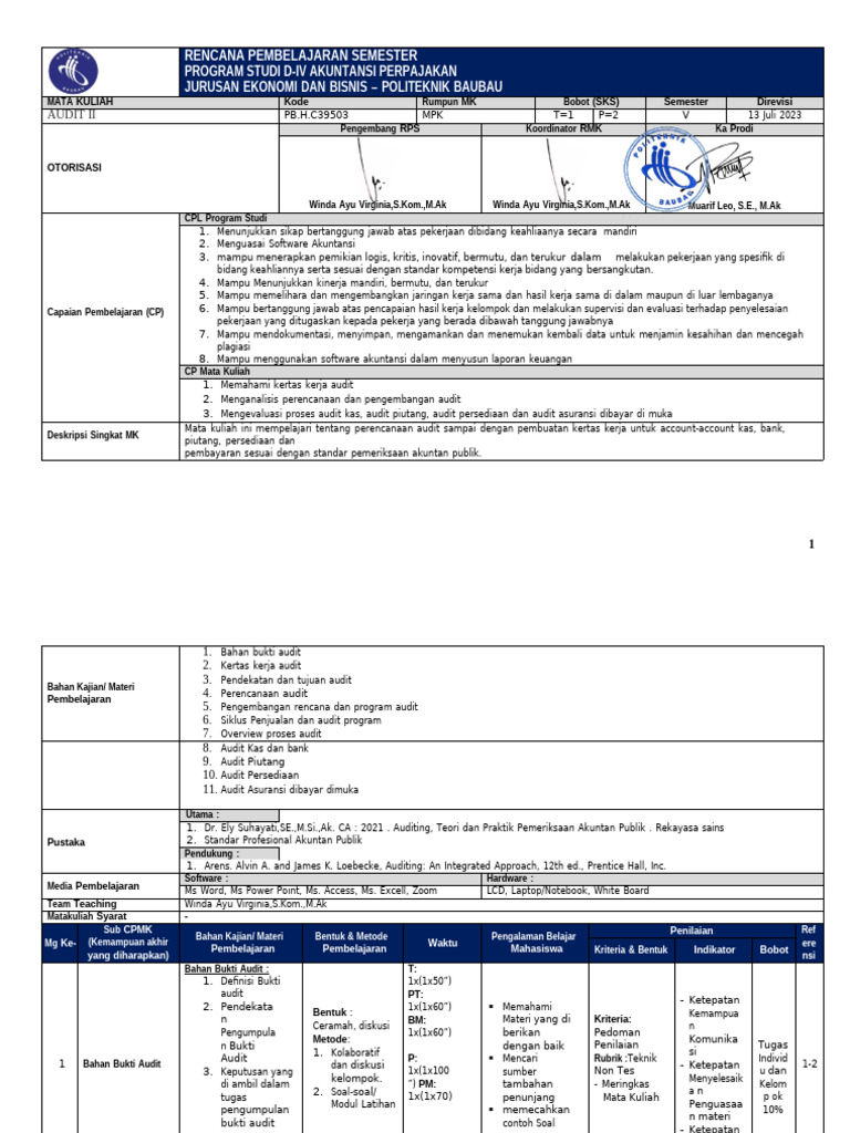 Rencana Pembelajaran Audit II D-IV Akuntansi | PDF