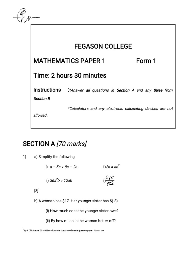 Mathematics Exam Paper for Form 1 | PDF | Arithmetic | Mathematics