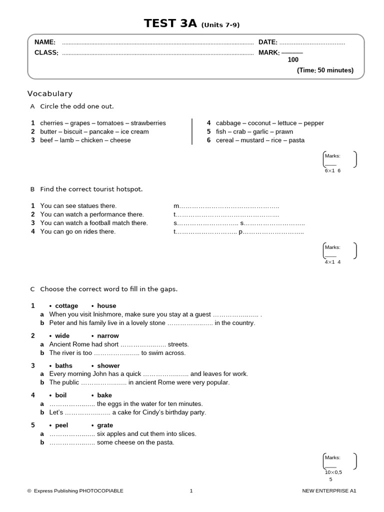 Vocabulary and Grammar Test 3A | PDF | Cakes | Desserts