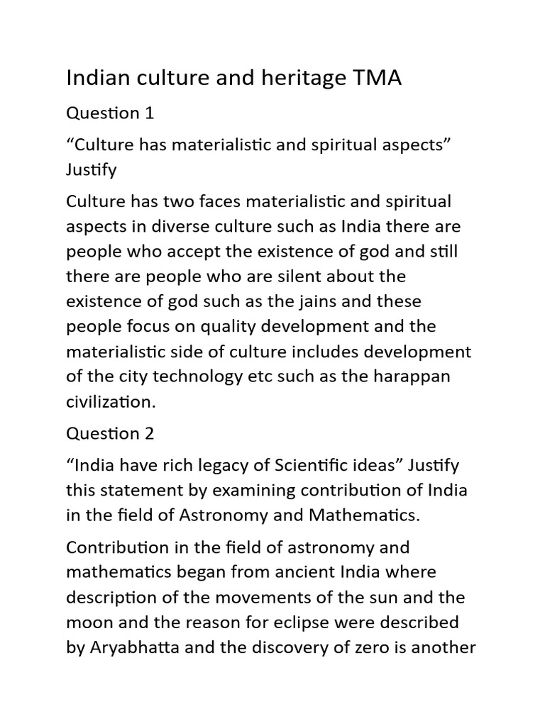 Indian Culture and Heritage TMA | PDF