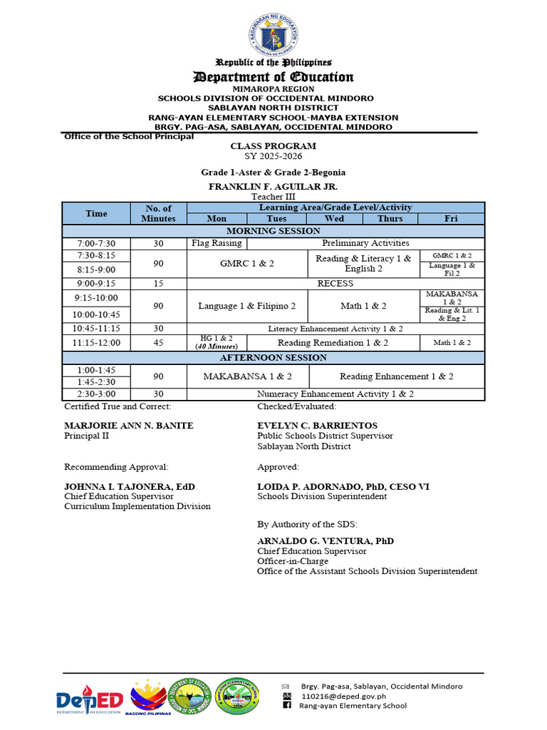 Rang-Ayan Elementary School Class Program 2025-2026 | PDF | Teachers ...
