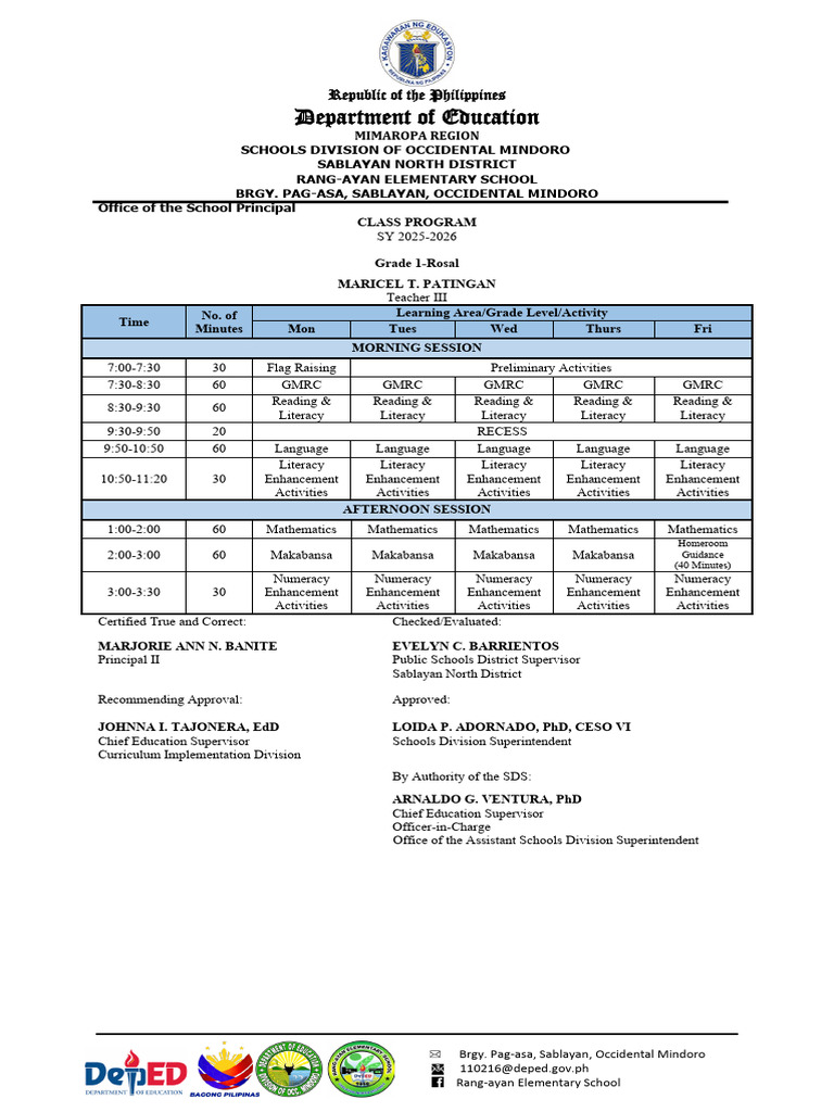 Rang-Ayan Elementary School Class Program | PDF | Learning | Human ...