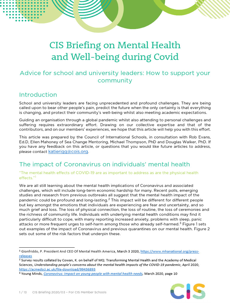 CIS Briefing 202003 Mental Health and Wellbeing During Covid | PDF ...
