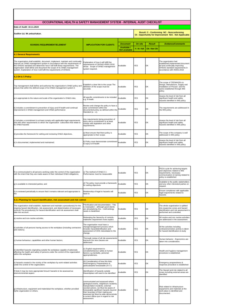 Ohsas Internal Audit Checklist | PDF | Occupational Safety And Health ...