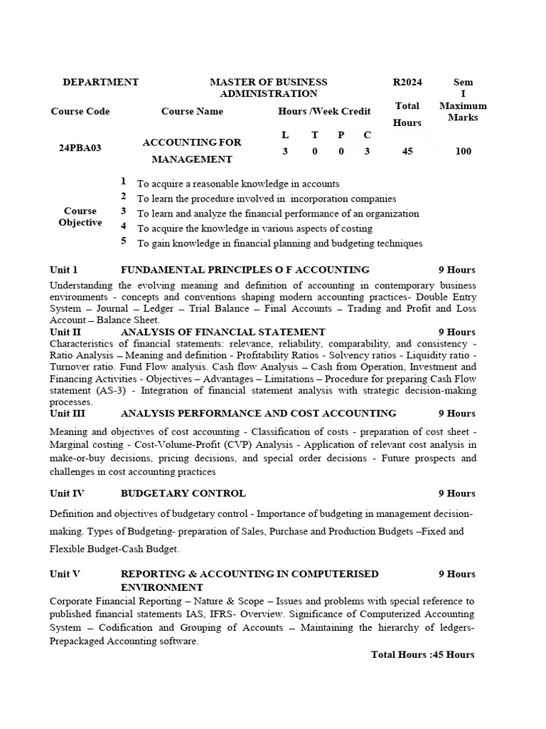 MBA Accounting for Managers Syllabus | PDF | Cost Accounting ...