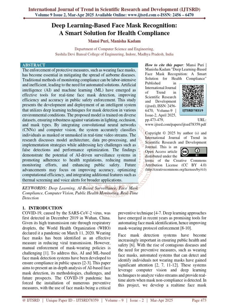 Deep Learning Based Face Mask Recognition A Smart Solution For Health ...
