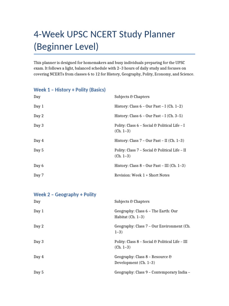 UPSC NCERT 4-Week Study Planner | PDF | Natural Environment | Earth ...