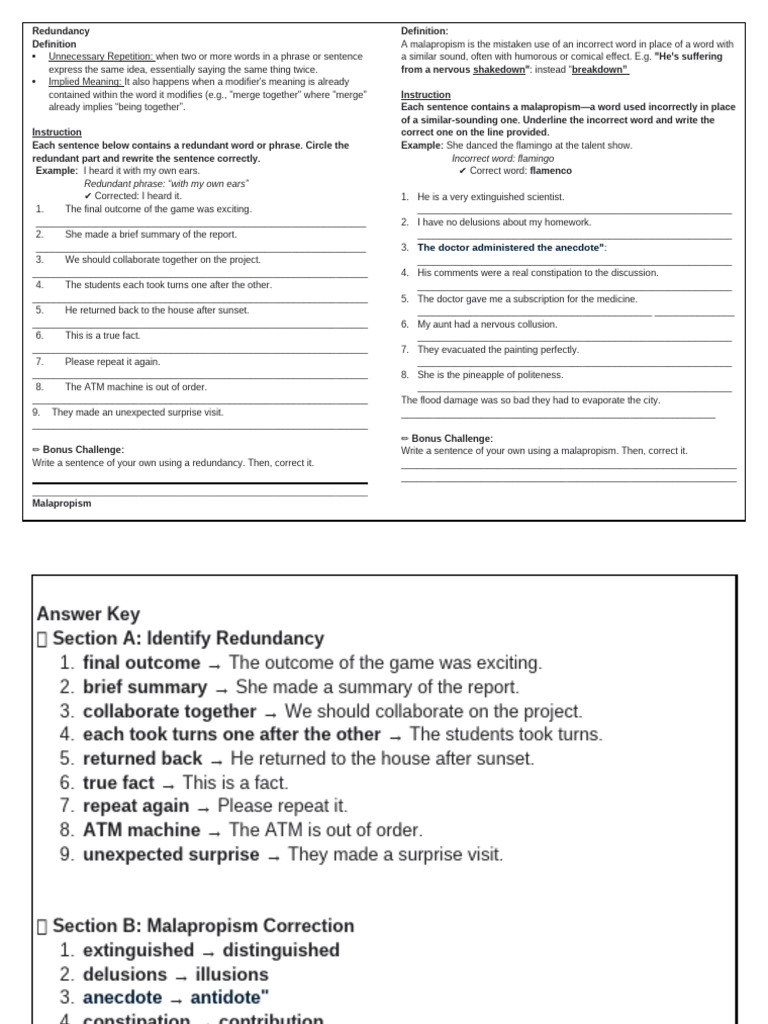 Redundancy and Malapropism Exercises | PDF