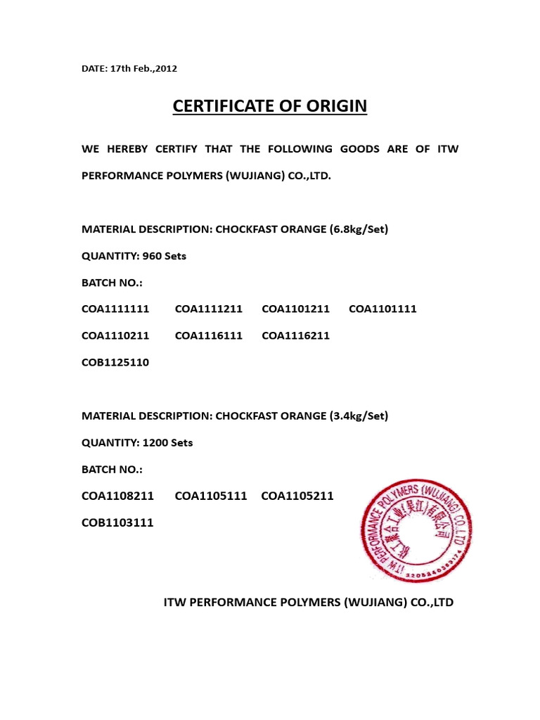 COO For PO#11 03229chockfast | PDF