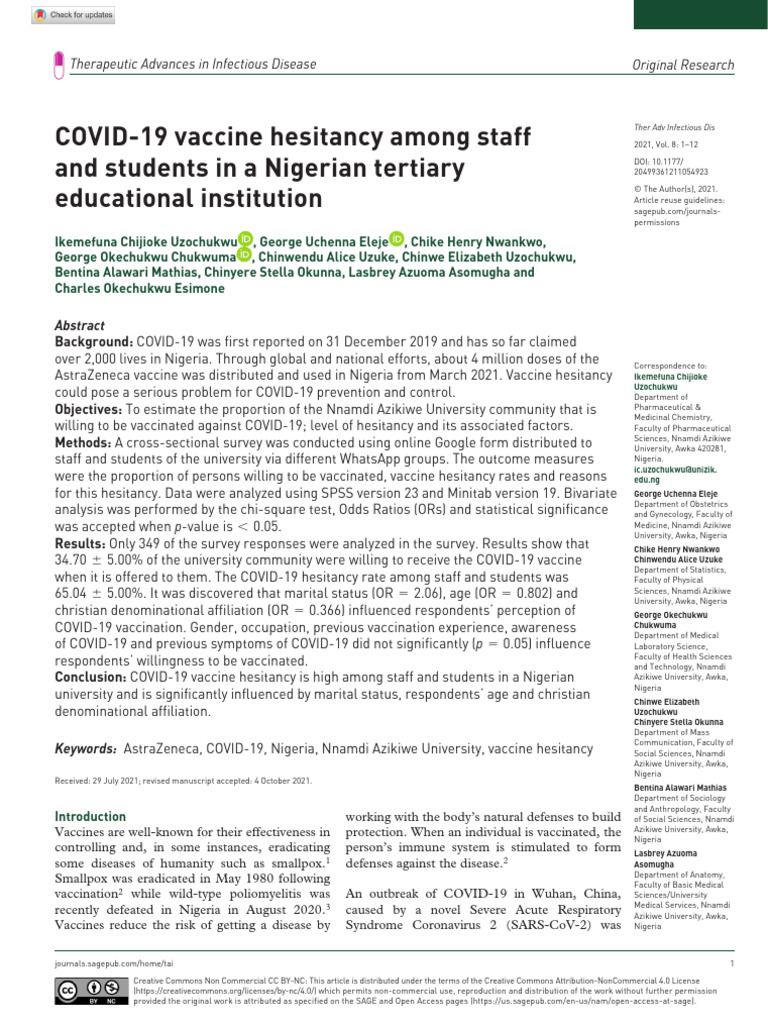 Uzochukwu Et Al 2021 Covid 19 Vaccine Hesitancy Among Staff and ...