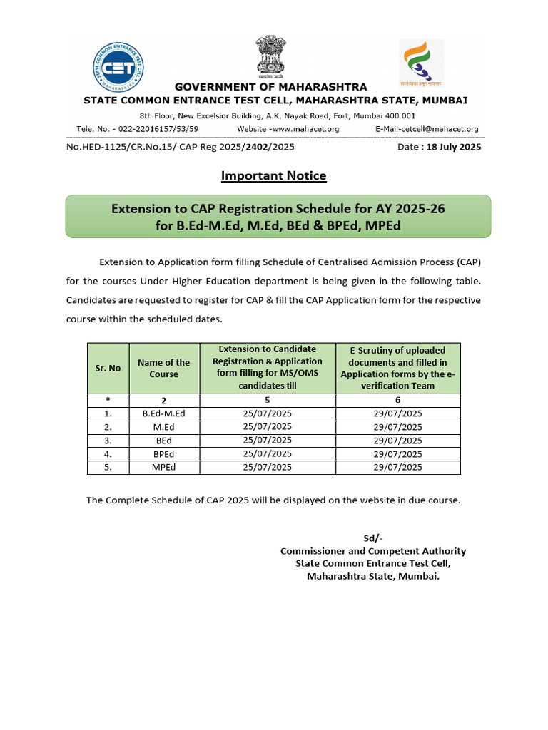 CAP Registration Extension for 2025-26 | PDF