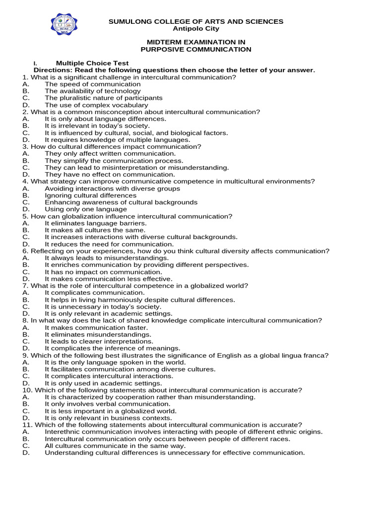 Purposive Communication Midterm Exam | PDF | Communication | Learning