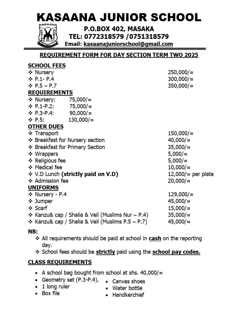 Miangeni Primary School Fee Structure | PDF