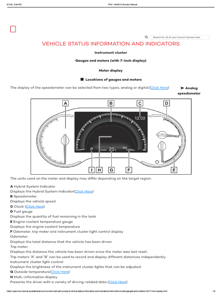 Innova Hycross Instrument Cluster Guide | PDF | Vehicles | Vehicle ...