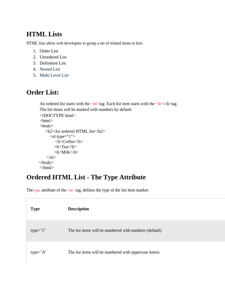 HTML Ordered and Unordered Lists Guide | PDF | Html Element | Html
