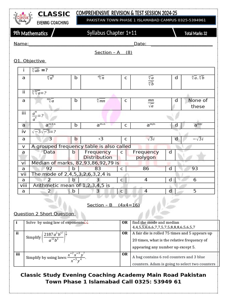 2024-25 Evening Coaching Math Test | PDF | Mathematics | Arithmetic