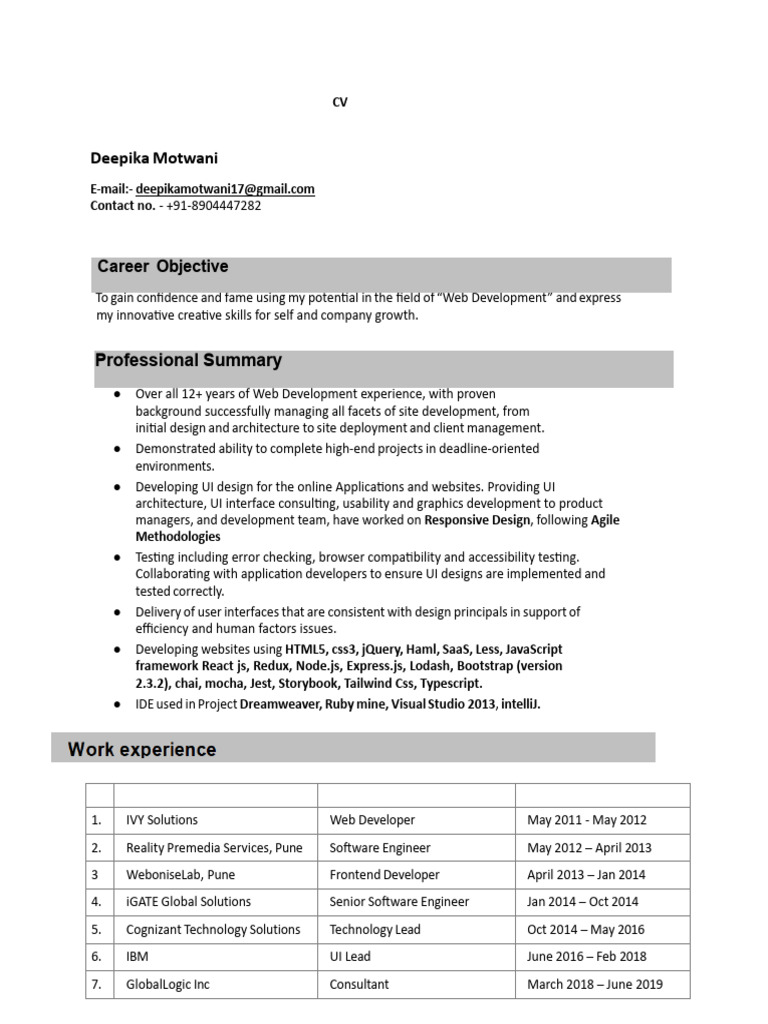 Deepika Motwani: Web Developer CV | PDF | Web Development | Html5