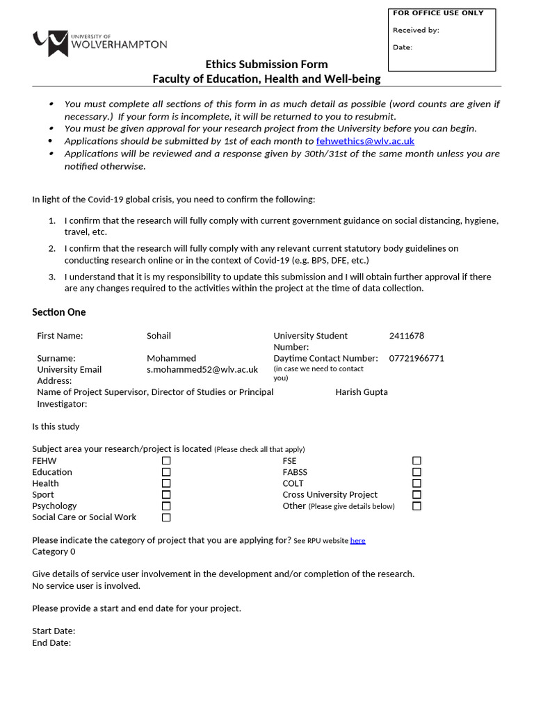 FEHW Ethics Submission Form (v5 March 22) Sohail | PDF | Systematic ...