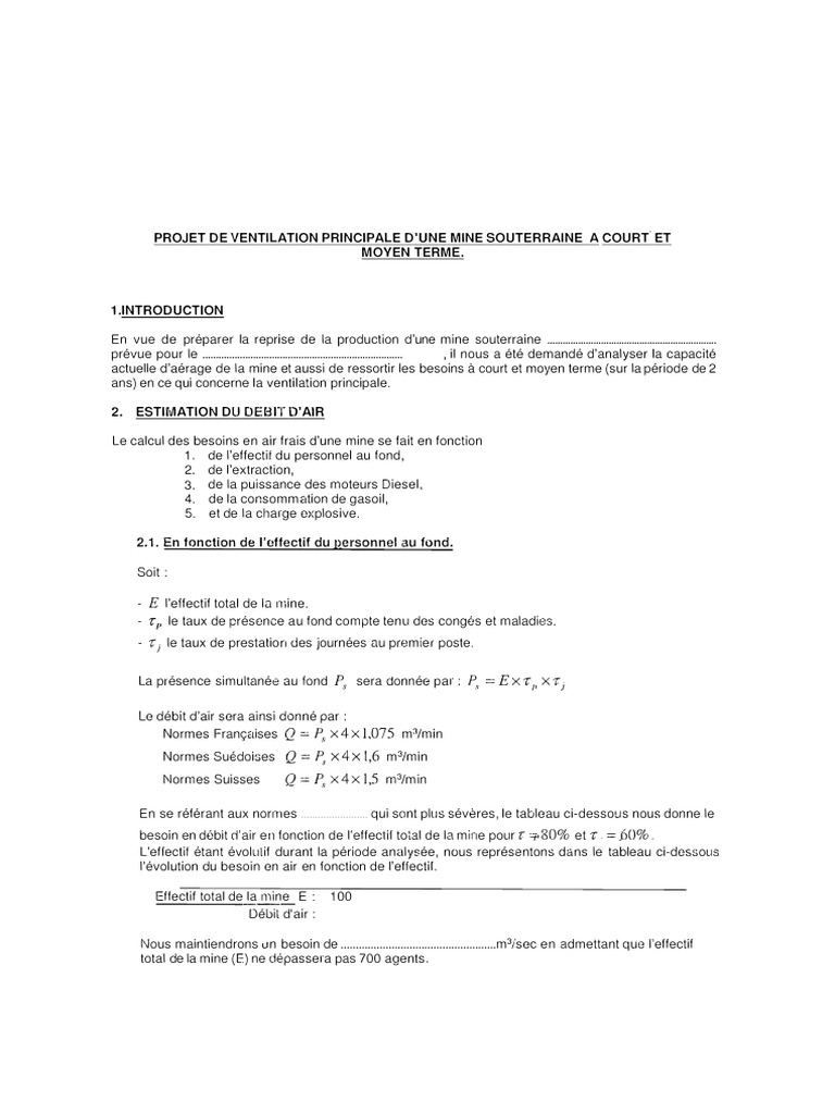 Calcul du Débit d'Air en Mine PDF — free download