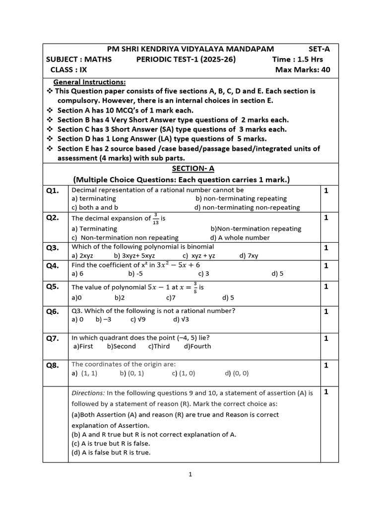 Class 9 Maths Sample Paper 2025-26 | PDF | Mathematics | Algebra