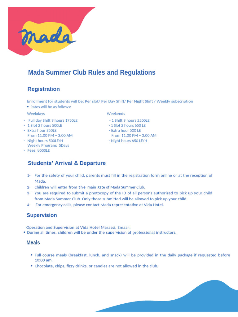Mada Summer Club Rules & Requirements | PDF
