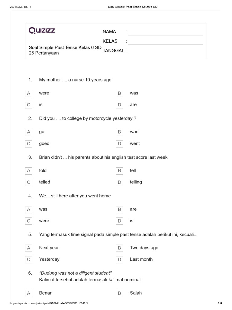 Soal Simple Past Tense Kelas 6 SD | PDF | Chess Theory | Chess