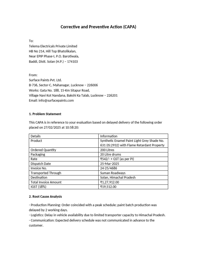 CAPA Report for Surface Paints Pvt. Ltd. | PDF