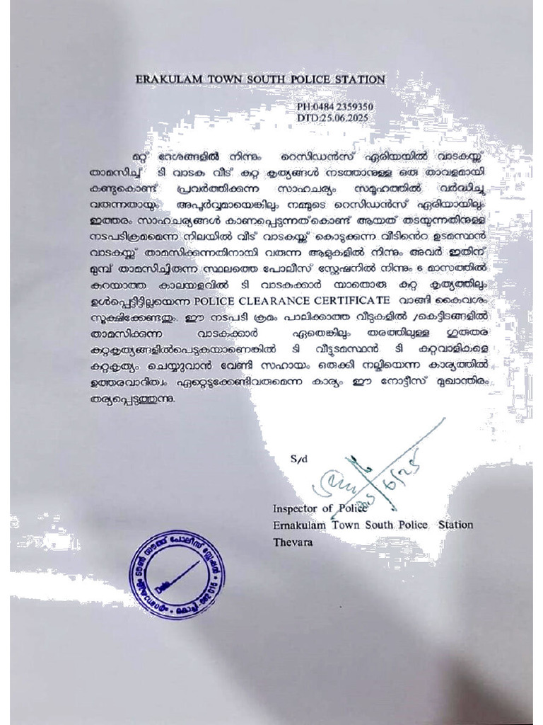 Kochi Police Notice For Apt Owners | PDF