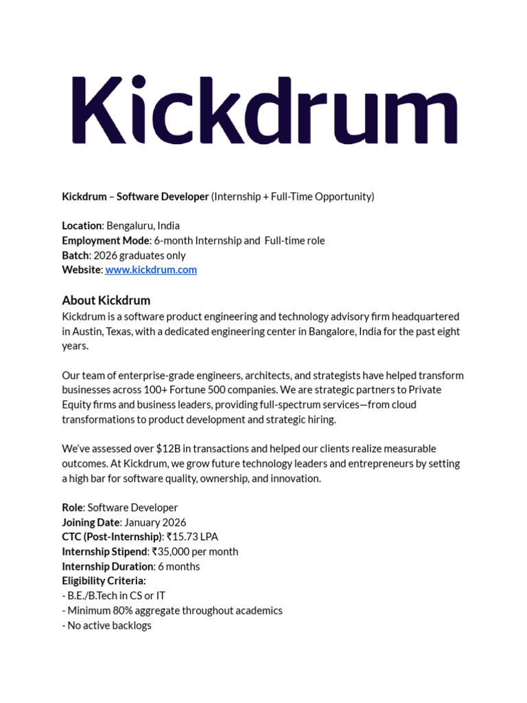 Kickdrum Software Developer (Internship+Employment) | PDF | Business ...