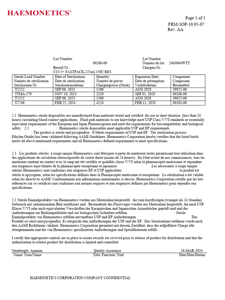 Certification de produit Haemonetics | PDF | Pharmacie