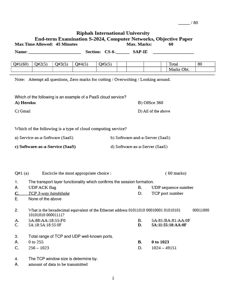 Computer Networks Exam Paper S-2024 | PDF | Transmission Control ...
