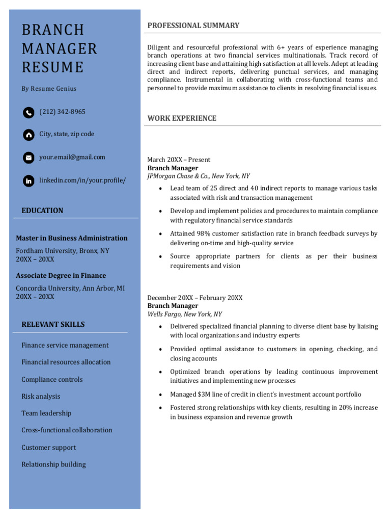 Branch Manager Resume Example Template (1) | PDF | Regulatory ...