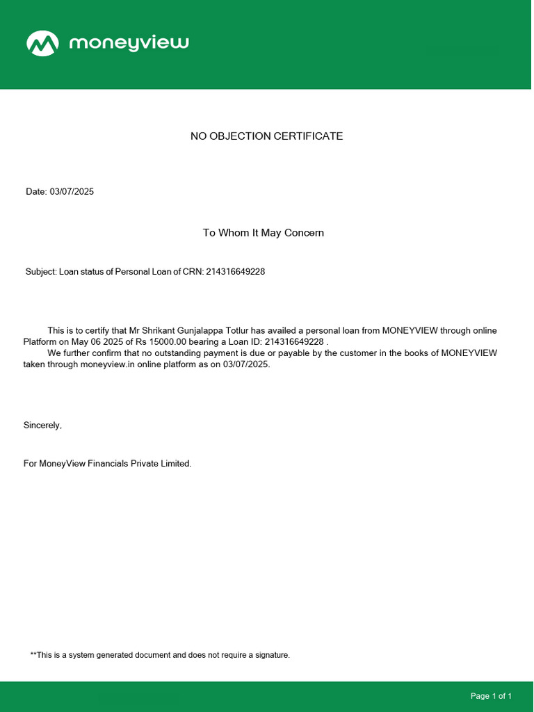 MoneyView Loan No Objection Certificate | PDF