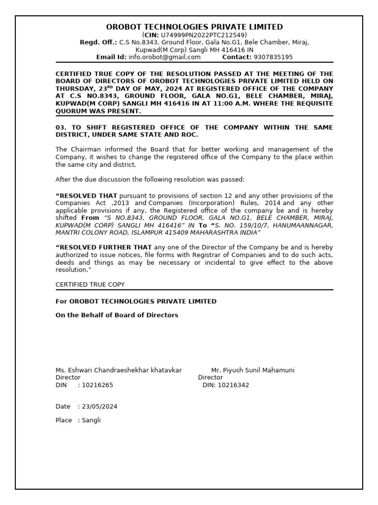 Orobot Technologies Office Relocation Resolution | PDF