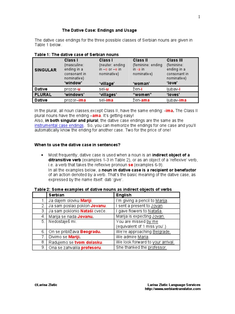 Serbian Dative Case PDF Grammatical Gender Plural