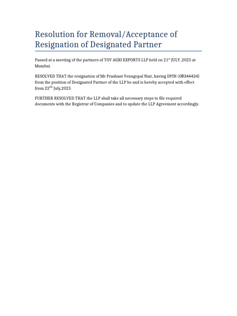 Acceptance of Designated Partner Resignation | PDF