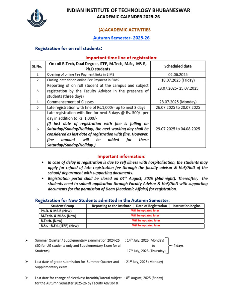 IIT Bhubaneswar Academic Calendar 2025-26 | PDF | Academic Term | Thesis