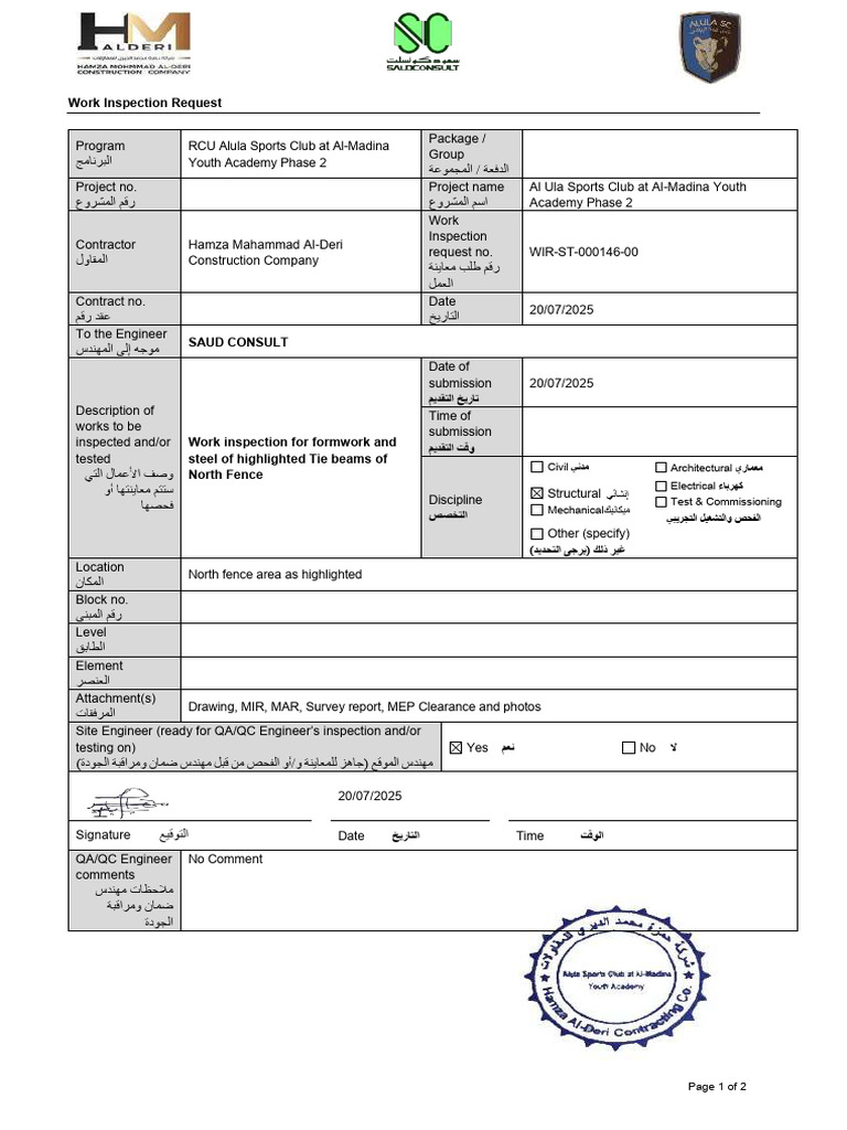 WIR-ST-000146-00 - Work Inspection For Formwork and Steel of ...