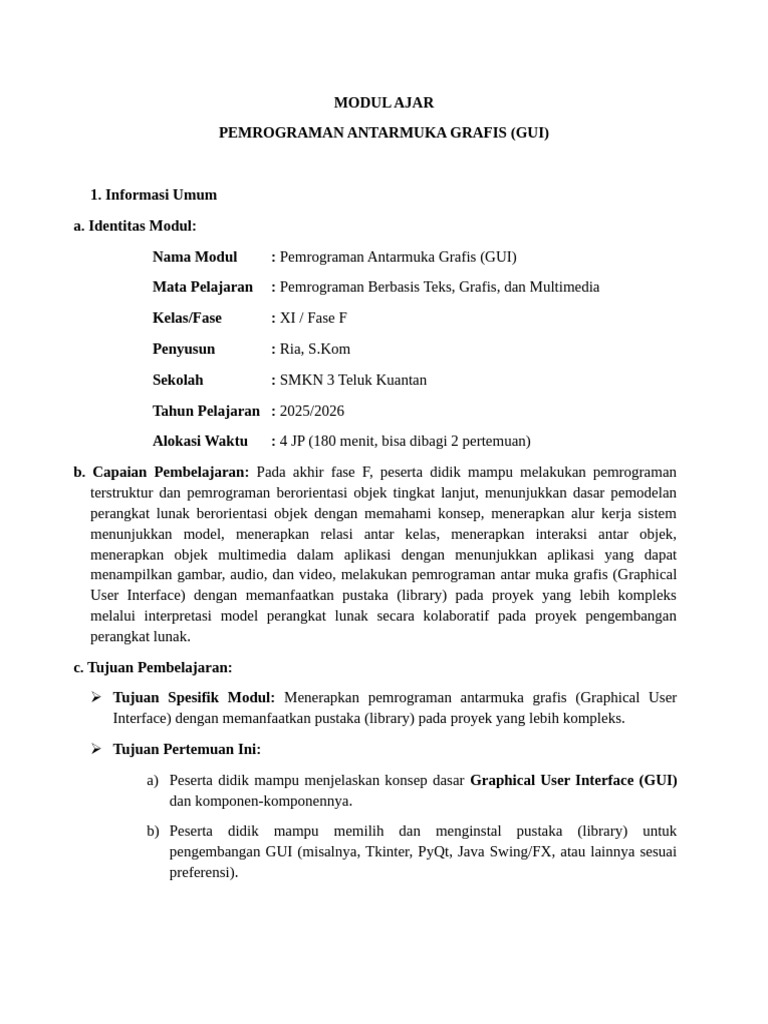 Modul Ajar Pemrograman GUI Kelas XI | PDF