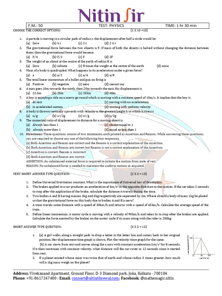 Physics Test 2 Class 9 (2025) | PDF | Force | Velocity