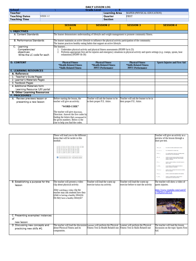 Daily Lesson Log Week 1-2 Pe | PDF | Learning | Educational Assessment