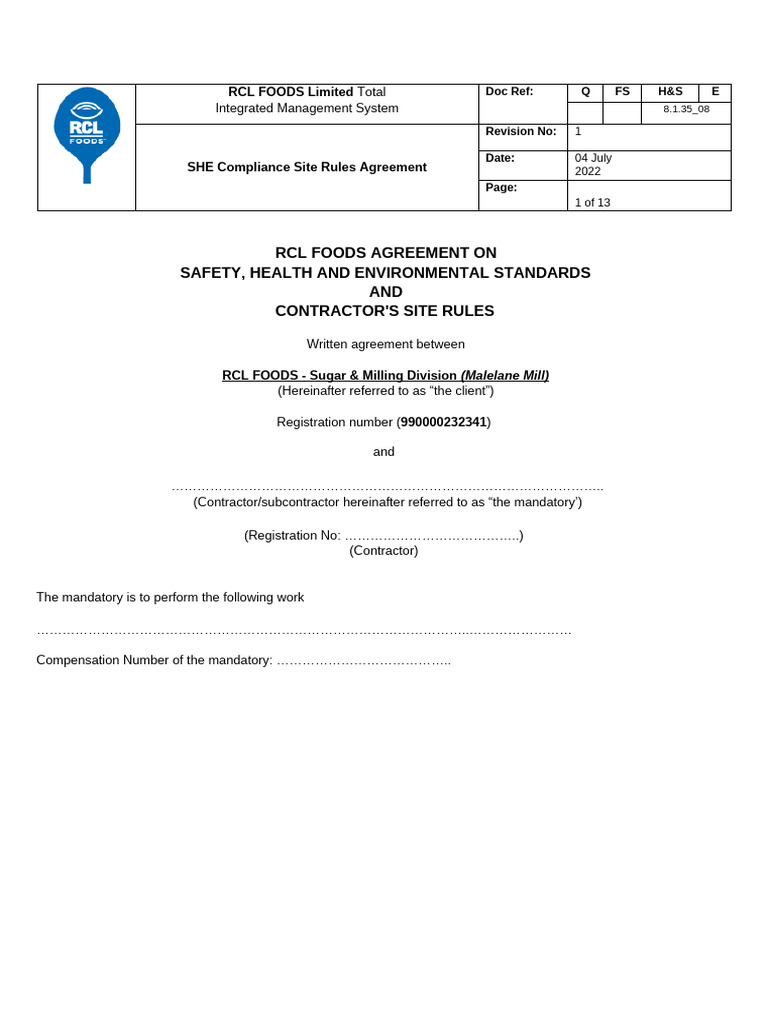 RCL Foods SHE Compliance Agreement | PDF | Occupational Safety And ...