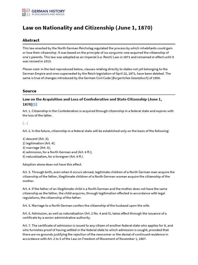 1870 Law on German Citizenship Regulations | PDF | Naturalization ...