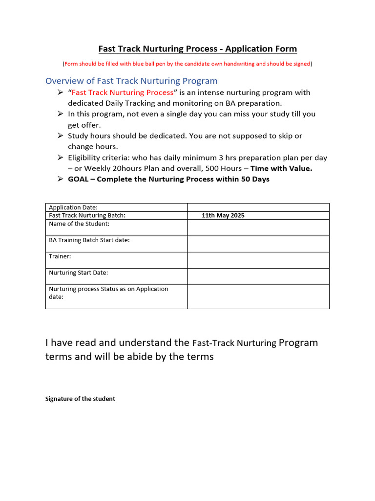 Fast Track Nurturing Application Form 11 May 2025 | PDF