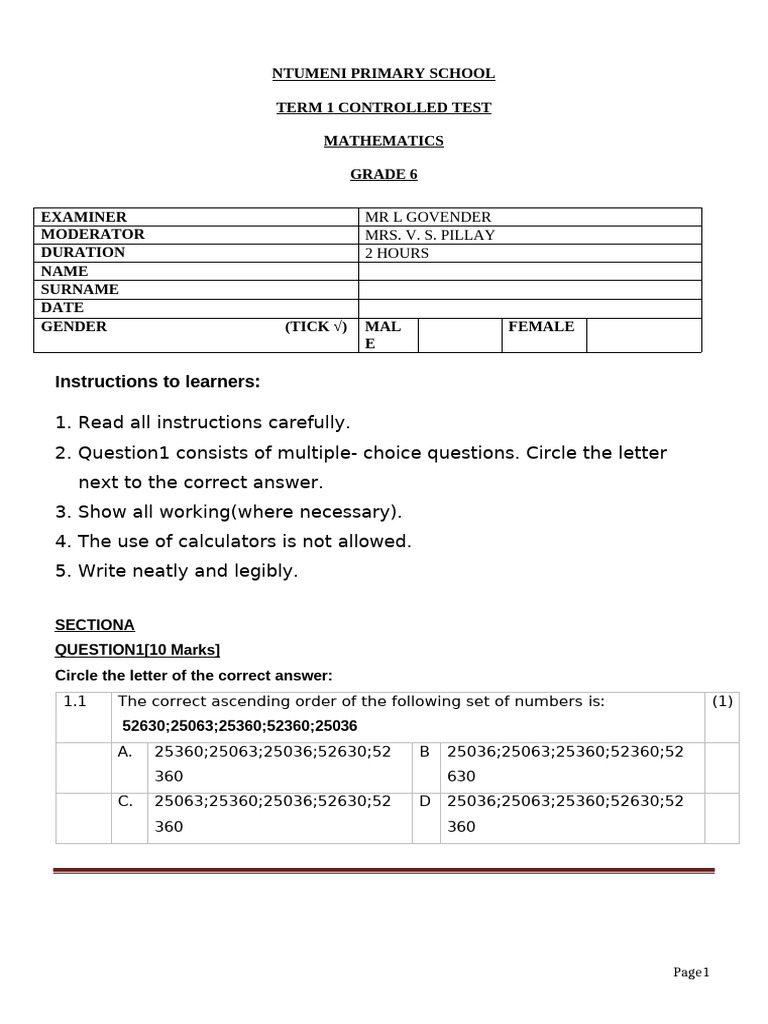 Grade 6 Mathematics Test Paper | PDF | Number Theory | Elementary ...