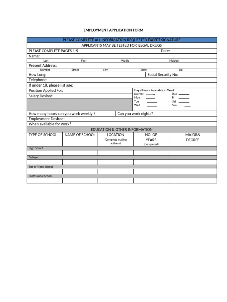 Employment Application Form Template | PDF