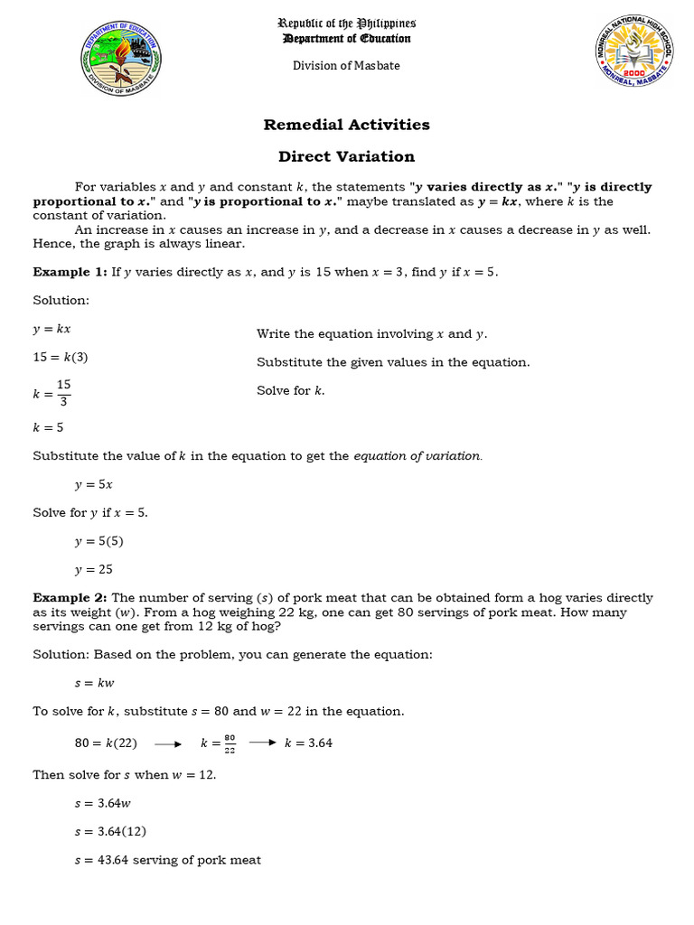 Direct and Inverse Variation Concepts | PDF | Square Root | Numbers