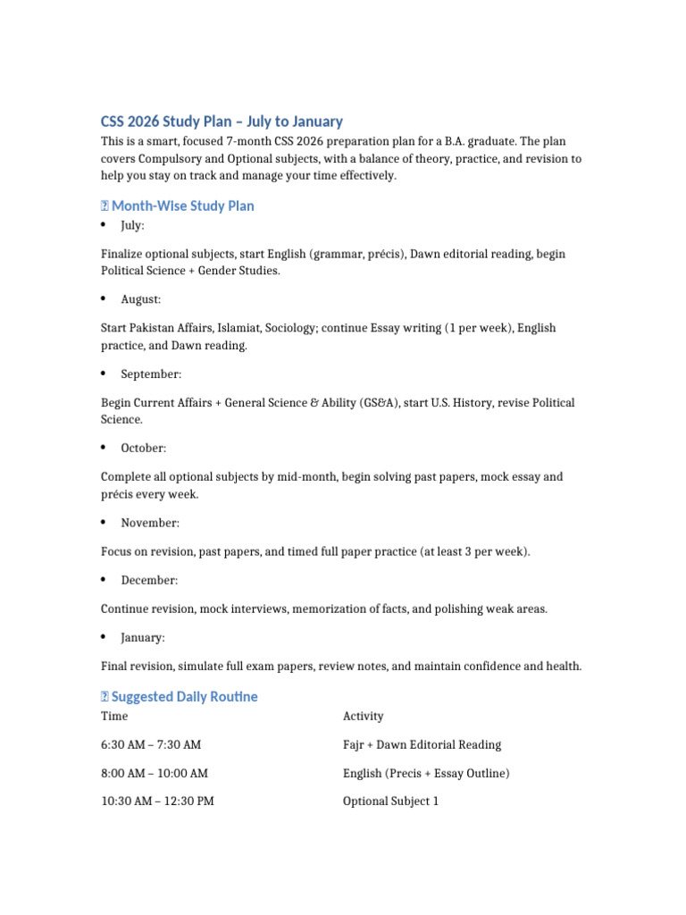 CSS 2026 Study Plan for B.A. Graduates | PDF