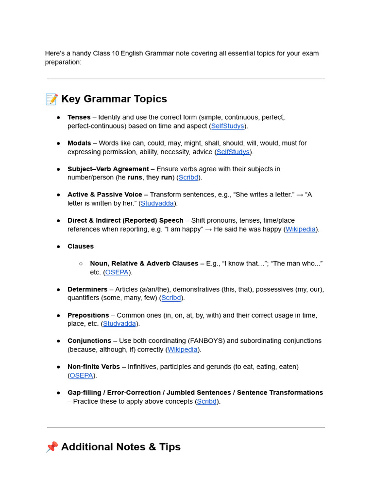Class 10 English Grammar Guide | PDF | English Grammar | Syntactic ...