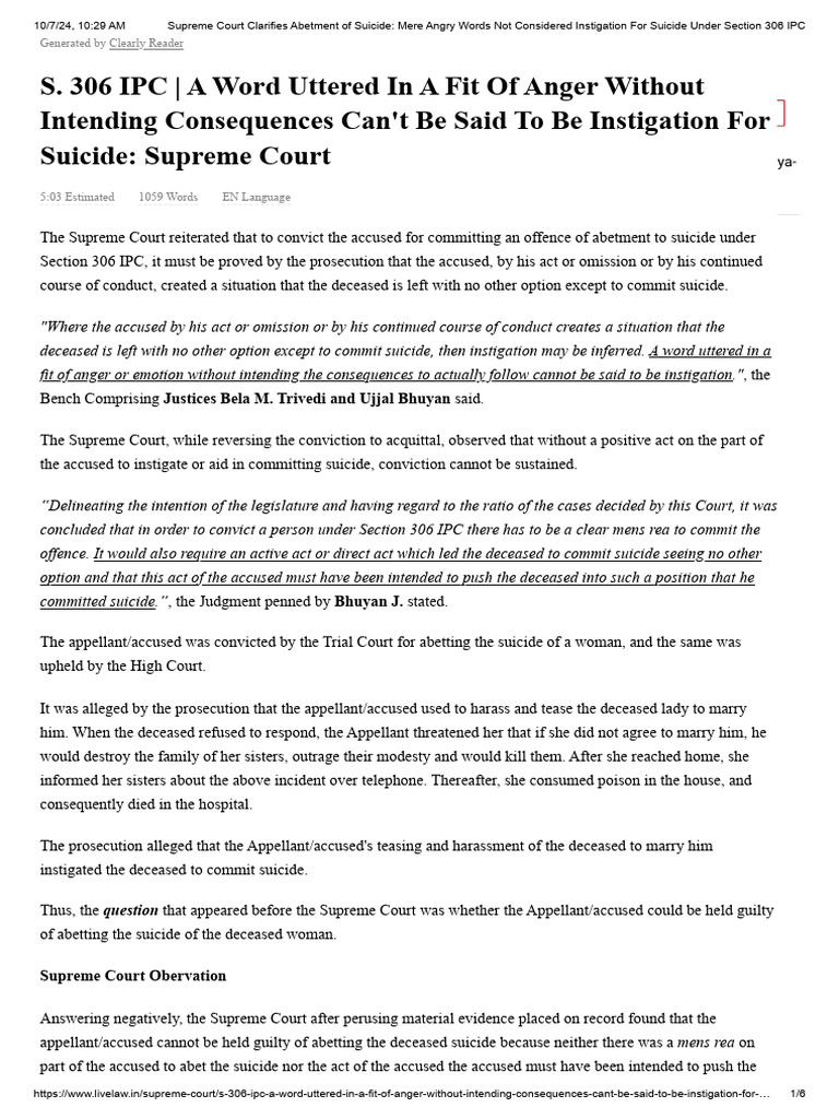 Supreme Court Clarifies Abetment of Suicide - Mere Angry Words Not ...